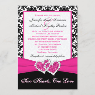 Black White Pink Damask Hearts Wedding Invitation