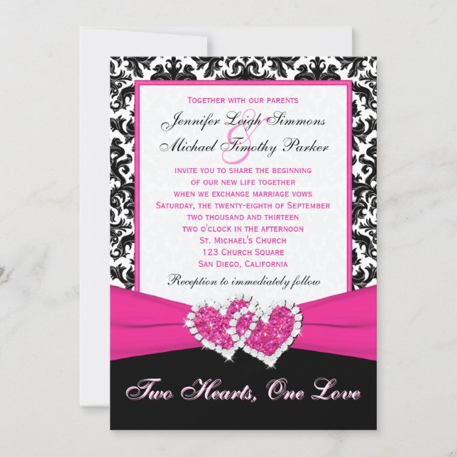 Black White Pink Damask Hearts Wedding Invitation (Front)