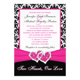 Black White Pink Damask Hearts Wedding Invitation