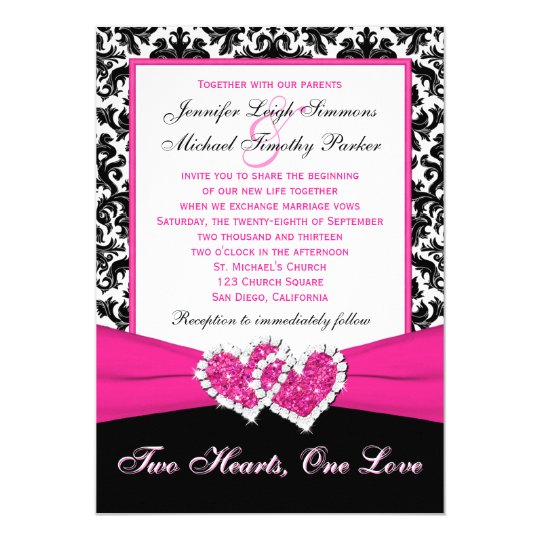 Black White Pink Damask Hearts Wedding Invitation Zazzle Black White Pink Damask Hearts Wedding Invitation