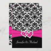 Black White Pink Damask Hearts Wedding Invitation (Front/Back)