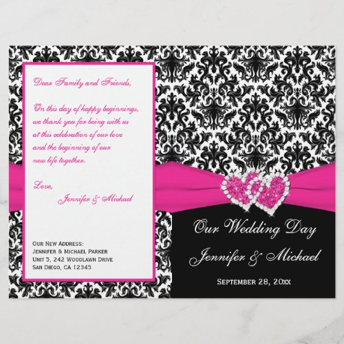 Black White Pink Damask Hearts Wedding Program