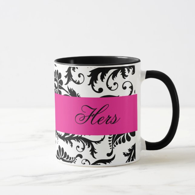 Black, White, Pink Damask "Hers" Mug (Right)