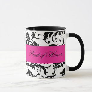 Black, White, Pink Damask Maid of Honor Mug