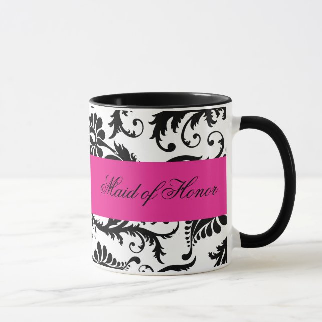 Black, White, Pink Damask Maid of Honor Mug (Right)