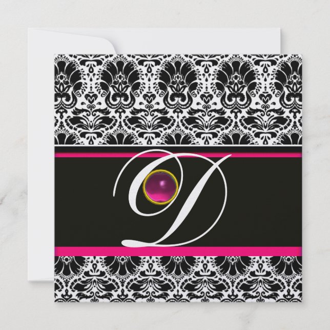 BLACK WHITE PINK DAMASK MONOGRAM Amethyst Ice Invitation (Front)