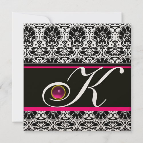 BLACK WHITE PINK DAMASK MONOGRAM Amethyst Metallic Invitation