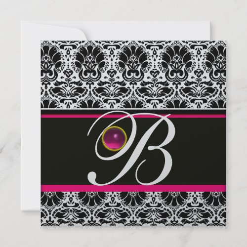 BLACK WHITE PINK DAMASK MONOGRAM Amethyst Silver Invitation