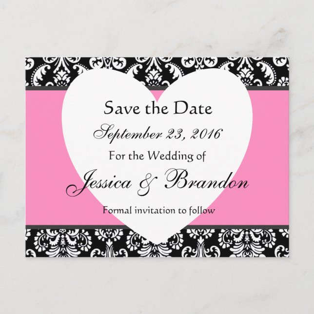 Black White Pink Damask Save Date Postcard 3 (Front)