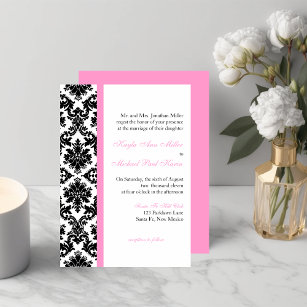 Black White Pink Damask Wedding Invitation
