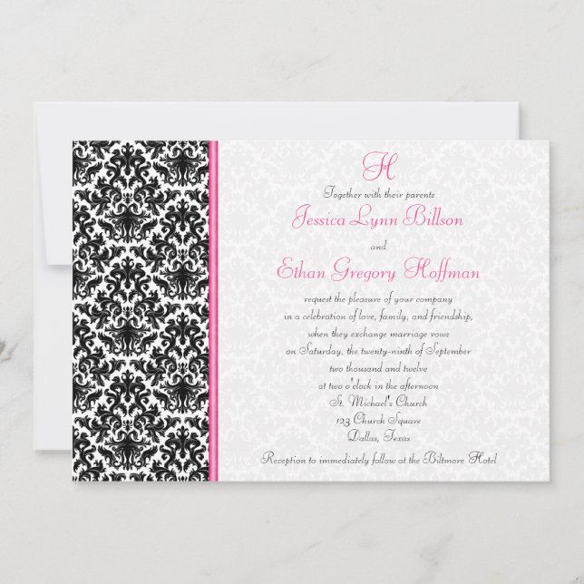 Black, White, Pink Damask Wedding Invitation (Front)