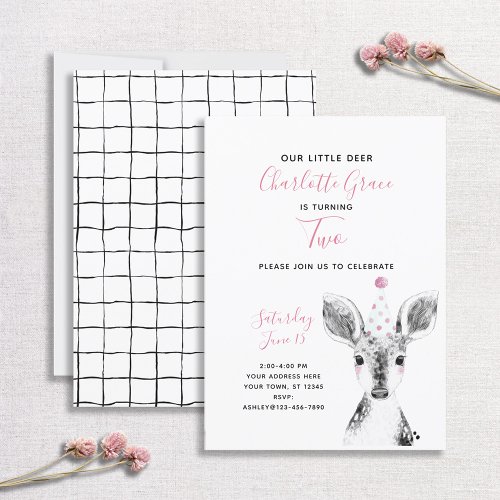 Black  White Pink Deer Girl 2nd Birthday Invitation