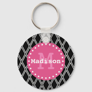 Black White Pink Diamond Pattern Monogram Keychain