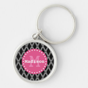Black White Pink Diamond Pattern Monogram Keychain