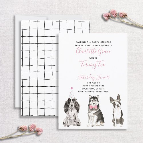 Black White Pink Dog Girls 2nd Birthday Party Invitation