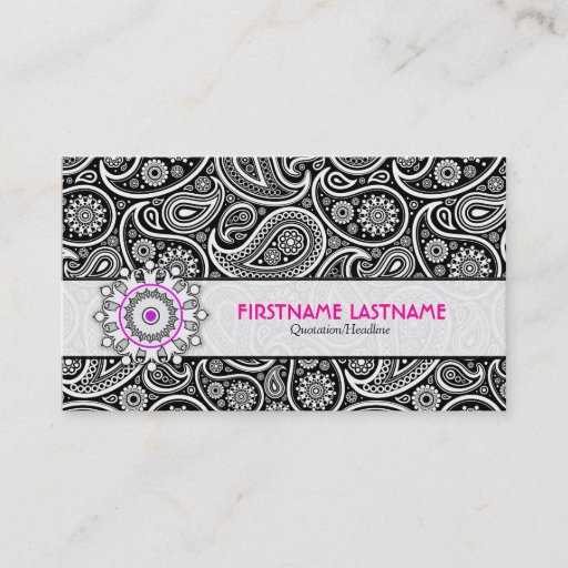 Customizable Black White & Pink Elegant Paisley Pattern Business Card Template