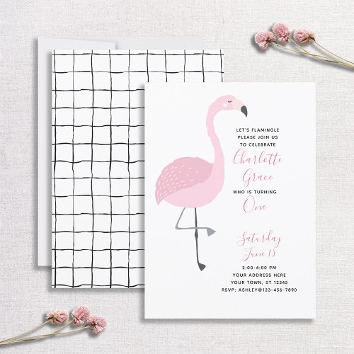 Black White Pink Flamingo 1st Birthday Party Invitation