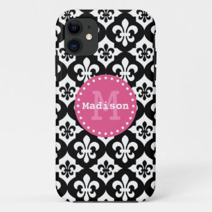Black White Pink Fleur-De-Lis Pattern Monogram iPhone 11 Case