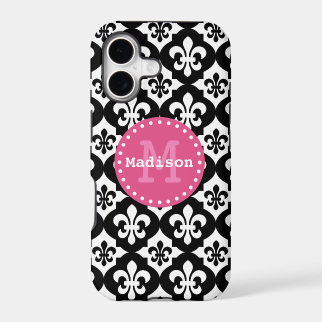 Black White Pink Fleur-De-Lis Pattern Monogram Iphone Case (Back)
