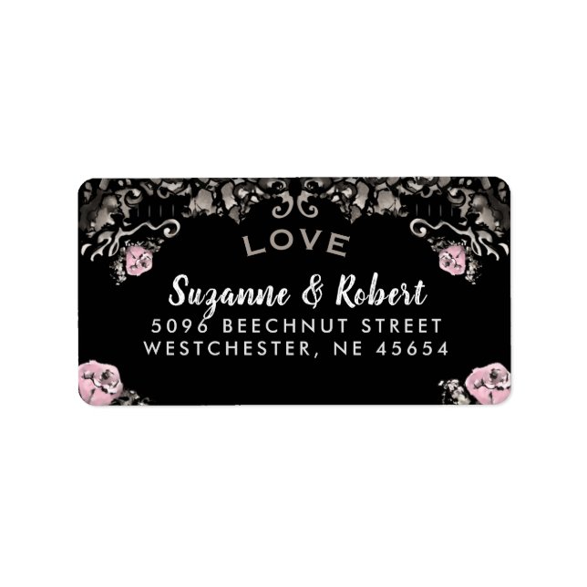 Black White & Pink Floral Wedding Address Label (Front)