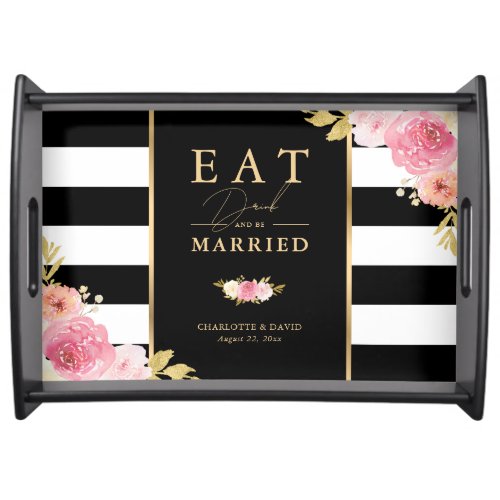 Black White Pink Floral Wedding Serving Tray