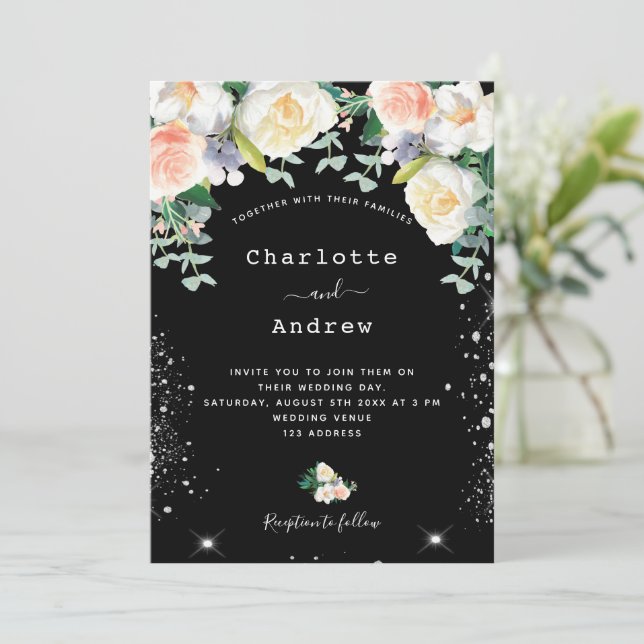 Black white pink florals silver glitter wedding invitation (Standing Front)