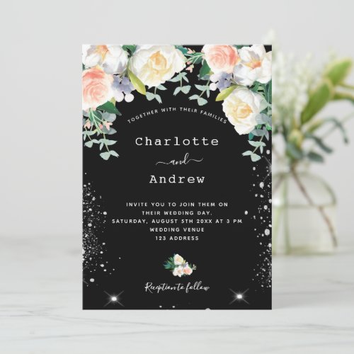 Black white pink florals silver glitter wedding invitation