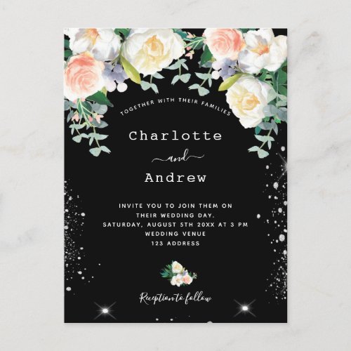 Black white pink florals silver sparkles wedding invitation postcard