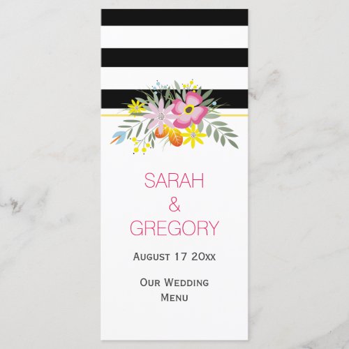 Black white pink flowers modern wedding menu card