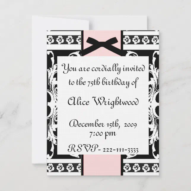 Black, White, & Pink Formal Birthday Invitation | Zazzle