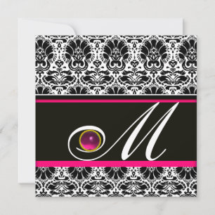 BLACK WHITE PINK FUCHSIA  DAMASK MONOGRAM Amethyst Invitation