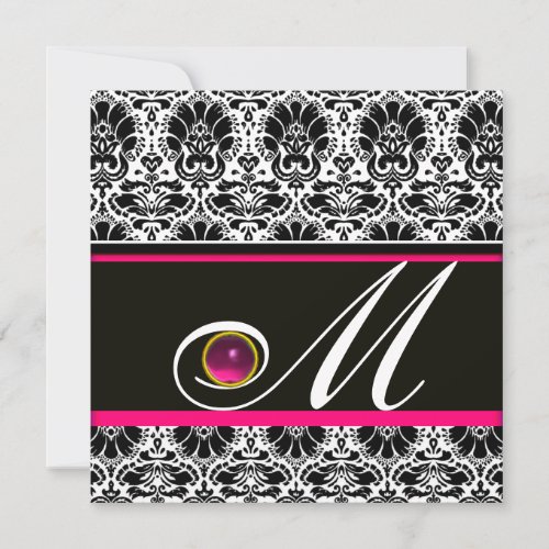 BLACK WHITE PINK FUCHSIA  DAMASK MONOGRAM Amethyst Invitation