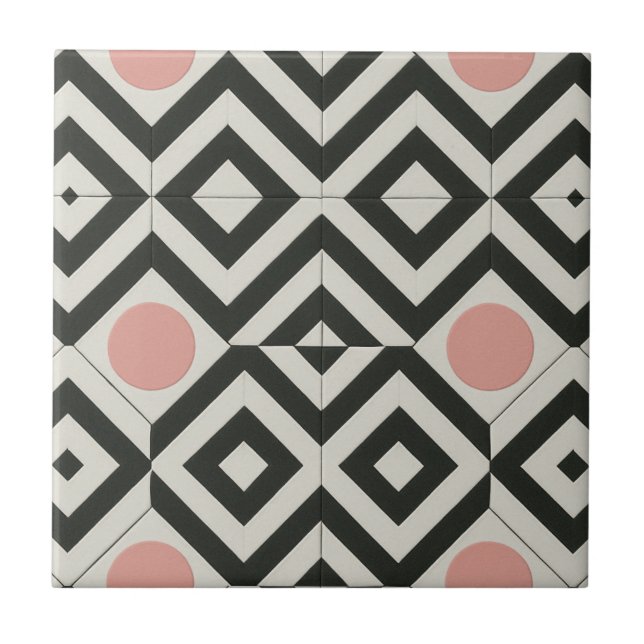 Black White Pink Geometric Pattern Ceramic Tile (Front)