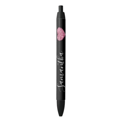 Black White Pink Glitter Heart Personalized Name Black Ink Pen