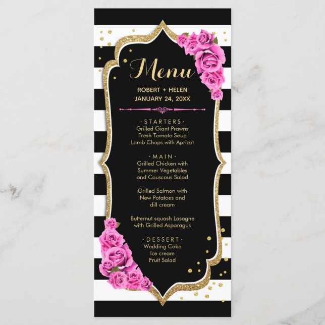 Black White Pink Gold Menu Card (Front)