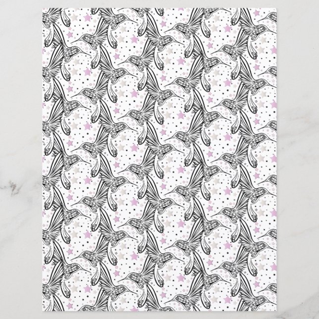 Black, white, pink Hummingbirds IV Scrapbook Paper (Front)
