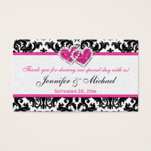 Black, White, Pink Joined Hearts Damask Favor Tag