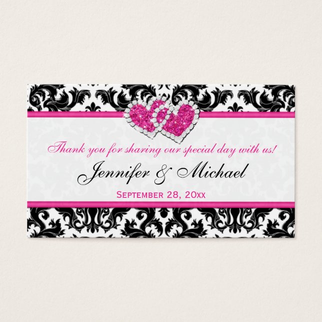 Black, White, Pink Joined Hearts Damask Favor Tag (Front)