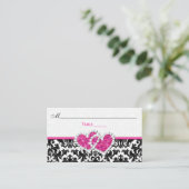 Black, White, Pink Joined Hearts Damask Place Card (Standing Front)