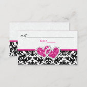 Black, White, Pink Joined Hearts Damask Place Card (Front/Back)