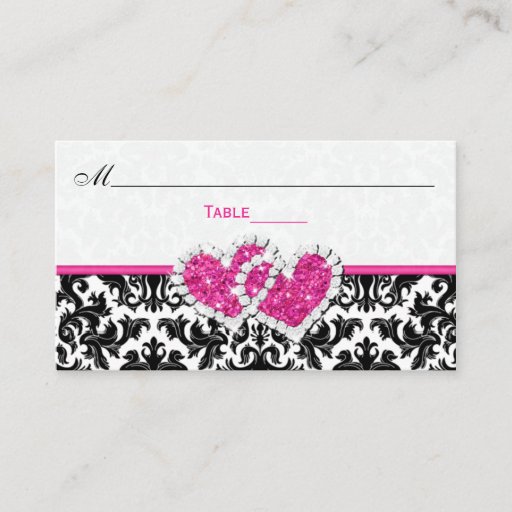 Customizable Black, White, Pink Joined Hearts Damask Place Card Business Card Template