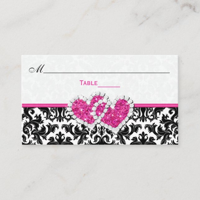 Black, White, Pink Joined Hearts Damask Place Card (Front)