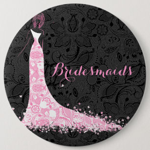 Black White & Pink Lace Wedding Dress Bridesmaids Pinback Button