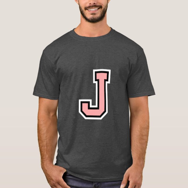 Black White Pink Letter J Monogram Initial College T-Shirt (Front)