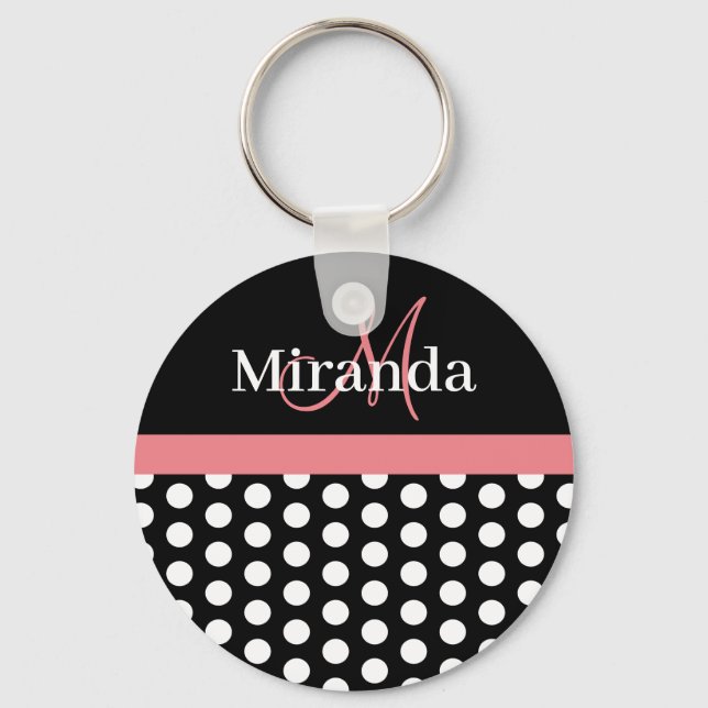 Black White Pink Monogram Polka Dot Keychain (Front)