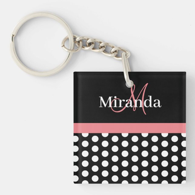 Black White Pink Monogram Polka Dot Keychain (Front)