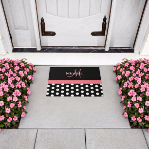 Black White Pink Monogram Script Polka Doormat