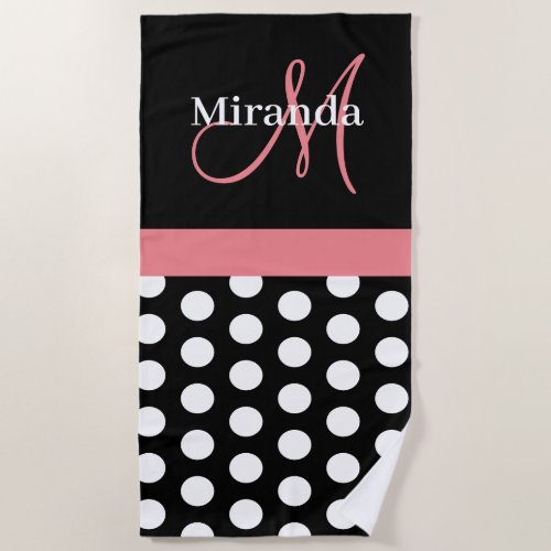 Black White Pink Monogram Script Polka Dot Beach T Beach Towel