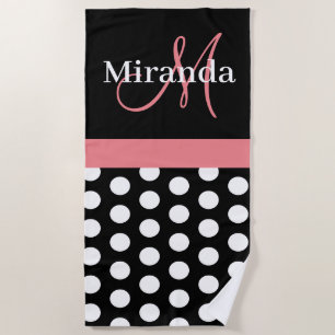 Black White Pink Monogram Script Polka Dot Beach Towel