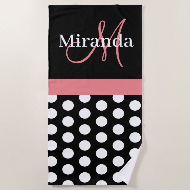 Black White Pink Monogram Script Polka Dot Beach Towel (Front)
